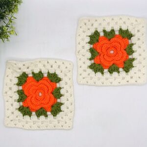 Lot of 2 VTG Handmade Squares Crochet Orange Flower Abandoned Project 7x7 In